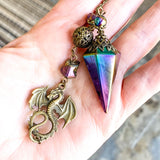 Titanium Rainbow Aura Quartz Pendulum with Dragon