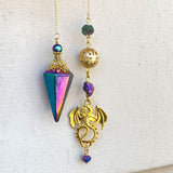 Titanium Rainbow Aura Quartz Pendulum with Dragon