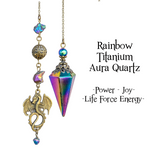 Titanium Rainbow Aura Quartz Pendulum with Dragon